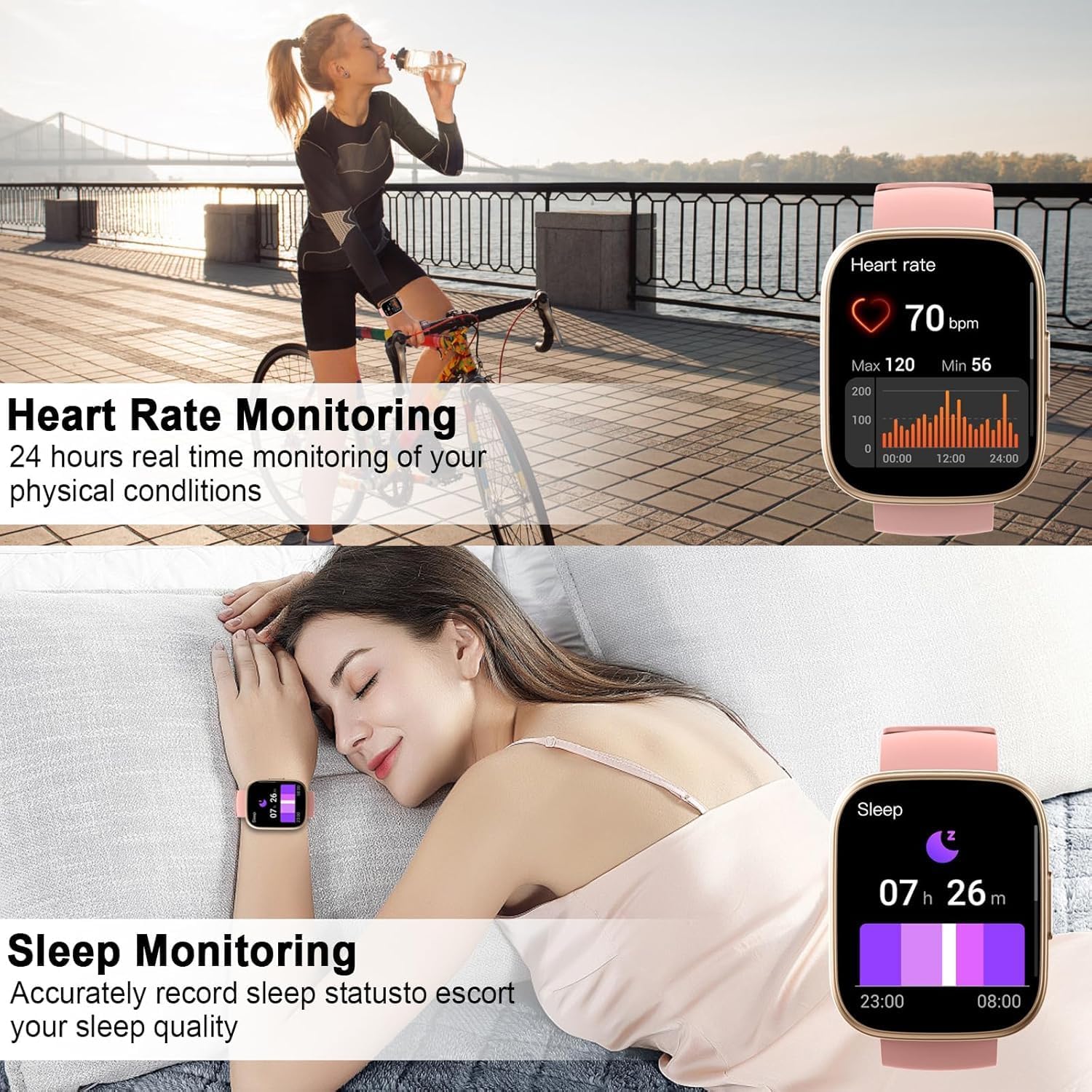 Reloj Inteligente Hombre Mujer con Alexa, 1,83" Smartwatch con Llamadas Bluetooth,120+ Deportivos Smart Watch con Pulsómetro/Podómetro/Monitor de Sueño, IP68 Pulsera Actividad para Android iOS, Rosa - 4