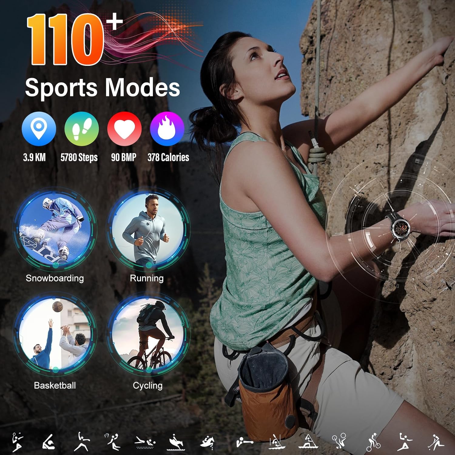 Reloj Inteligente Hombre Mujer con Llamadas, 1.39" Militar Smartwatch con 110+ Modos Deportivos, Monitor de Ritmo Cardíaco y Sueño. Pulsera Actividad IP68 Impermeable para Android iOS, Negro - 3