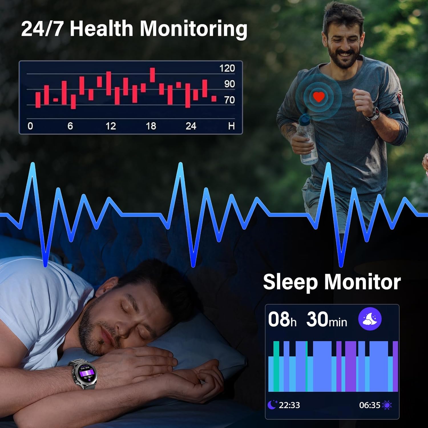 Reloj Inteligente Hombre Mujer con Llamadas, 1.39" Militar Smartwatch con 110+ Modos Deportivos, Monitor de Ritmo Cardíaco y Sueño. Pulsera Actividad IP68 Impermeable para Android iOS, Negro - 5