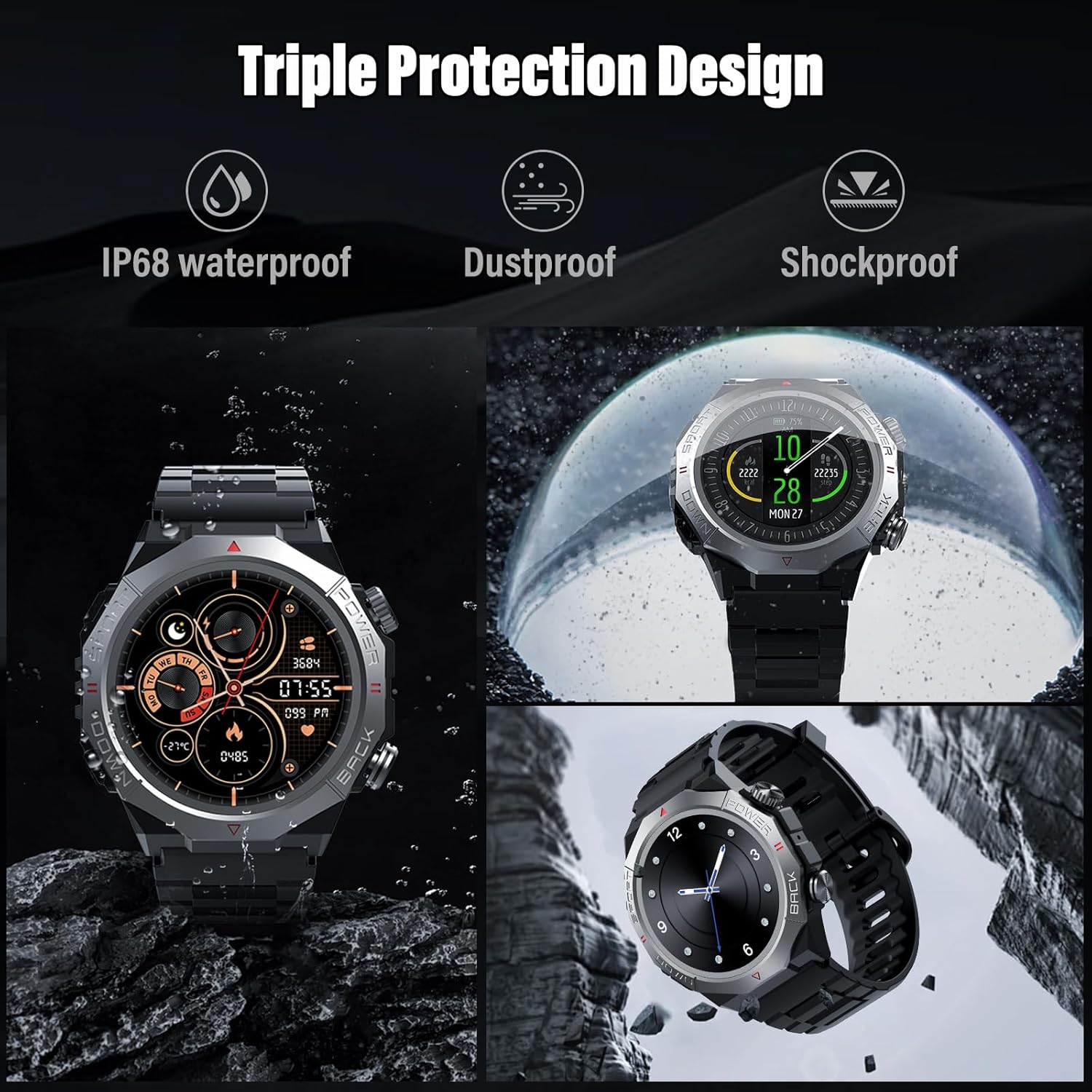 Reloj Inteligente Hombre Mujer con Llamadas, 1.39" Militar Smartwatch con 110+ Modos Deportivos, Monitor de Ritmo Cardíaco y Sueño. Pulsera Actividad IP68 Impermeable para Android iOS, Negro - 6