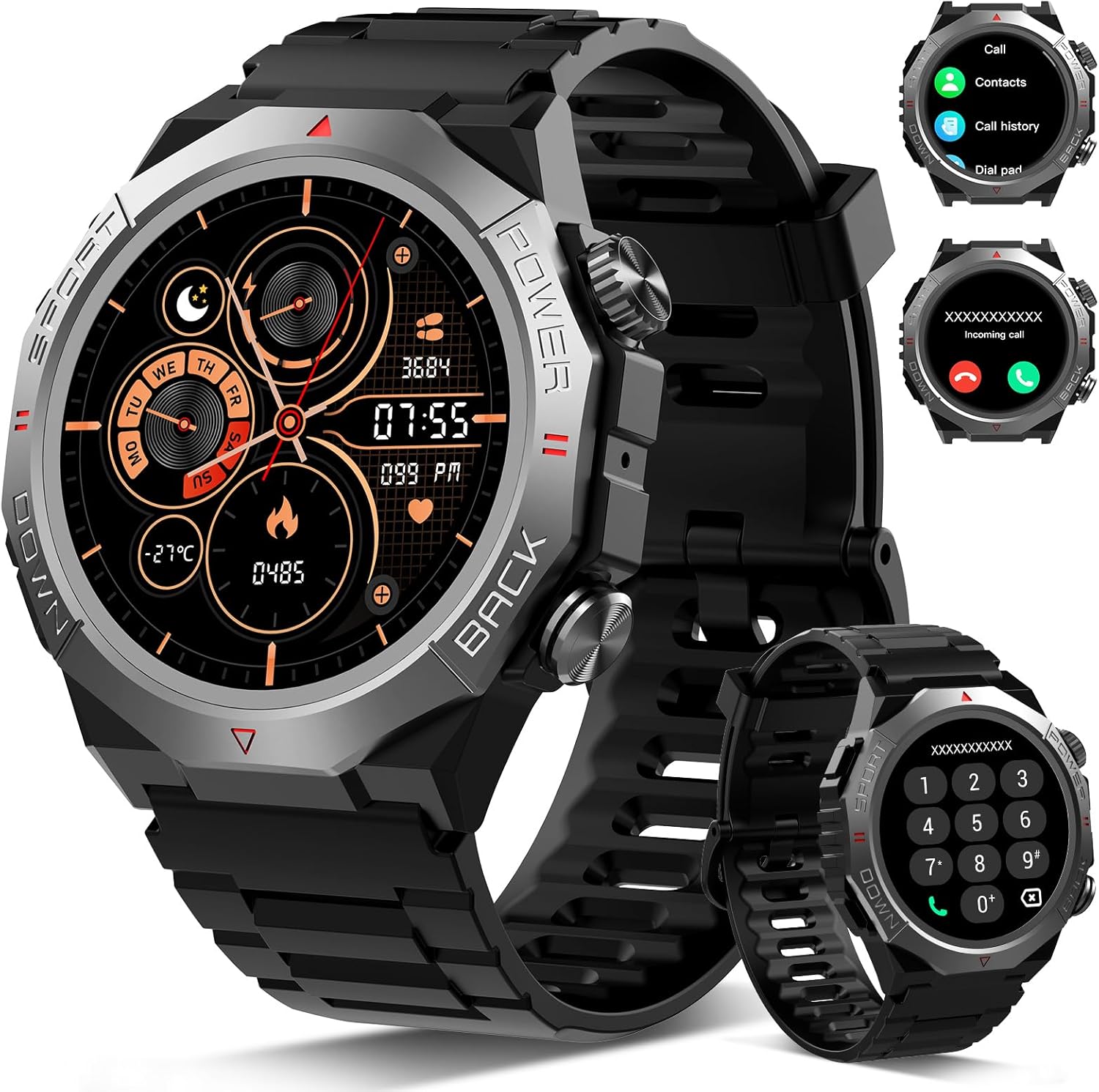 Reloj Inteligente Hombre Mujer con Llamadas, 1.39" Militar Smartwatch con 110+ Modos Deportivos, Monitor de Ritmo Cardíaco y Sueño. Pulsera Actividad IP68 Impermeable para Android iOS, Negro - 1
