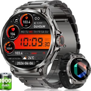 Reloj Inteligente Hombre con 1000mAh Batería, 1.92" AMOLED, 5ATM Impermeable Smartwatch Militar con Llamadas, 120+ Modos Deportivos, 24/7 Pulsómetro/Sueño/Podómetro Pulsera Actividad Android iOS Negro