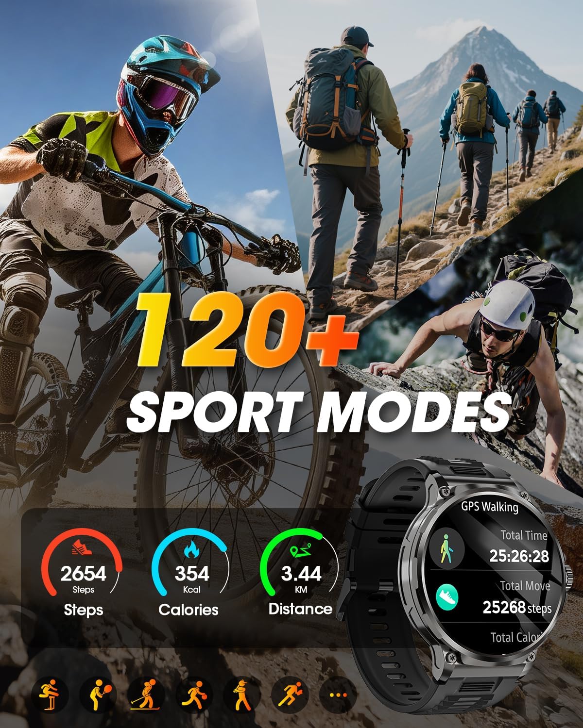 Reloj Inteligente Hombre con 1000mAh Batería, 1.92" AMOLED, 5ATM Impermeable Smartwatch Militar con Llamadas, 120+ Modos Deportivos, 24/7 Pulsómetro/Sueño/Podómetro Pulsera Actividad Android iOS Negro - 4
