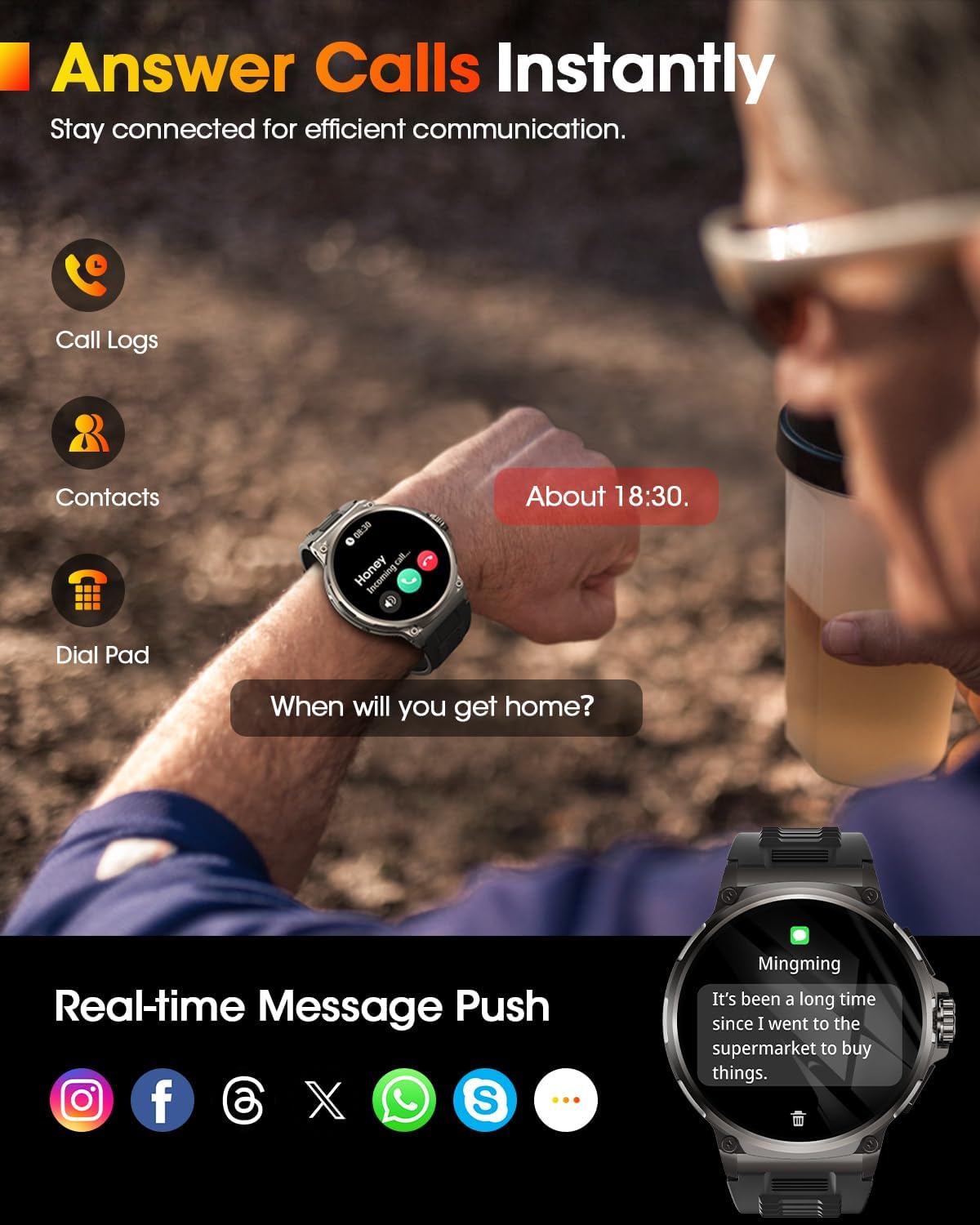 Reloj Inteligente Hombre con 1000mAh Batería, 1.92" AMOLED, 5ATM Impermeable Smartwatch Militar con Llamadas, 120+ Modos Deportivos, 24/7 Pulsómetro/Sueño/Podómetro Pulsera Actividad Android iOS Negro - 5