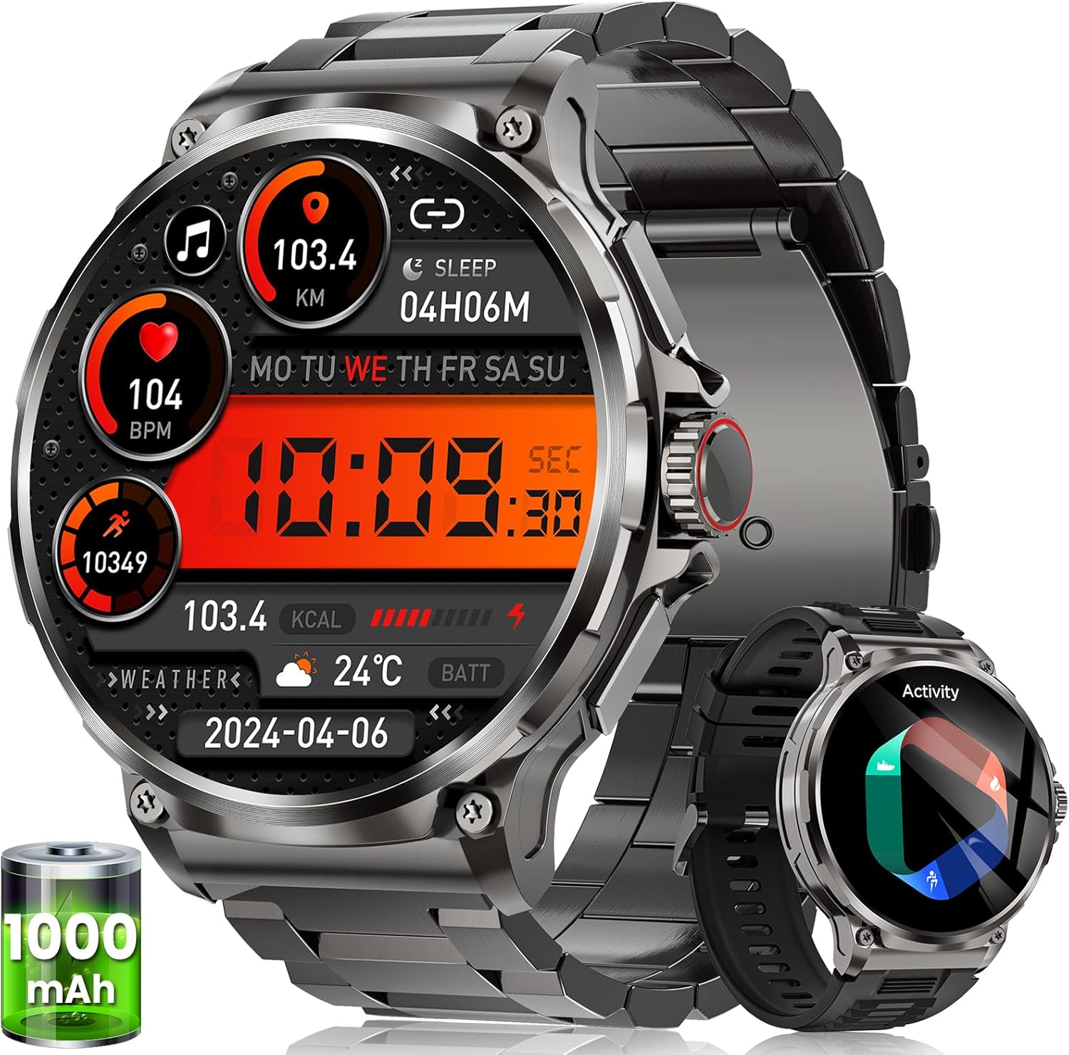 Reloj Inteligente Hombre con 1000mAh Batería, 1.92" AMOLED, 5ATM Impermeable Smartwatch Militar con Llamadas, 120+ Modos Deportivos, 24/7 Pulsómetro/Sueño/Podómetro Pulsera Actividad Android iOS Negro - 1