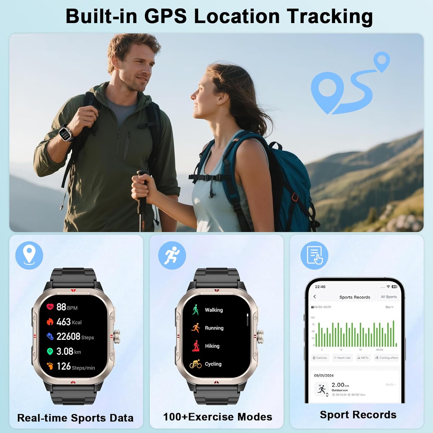 Reloj Inteligente Hombre con GPS, 2.06'' HD Smartwatch con Llamadas Bluetooth, IP68 Fitness Tracker con 110+ Modos Deportivos, Monitor de Sueño/Podómetro/Pulsómetro/SpO2 Smart Watch para Android iOS - 2