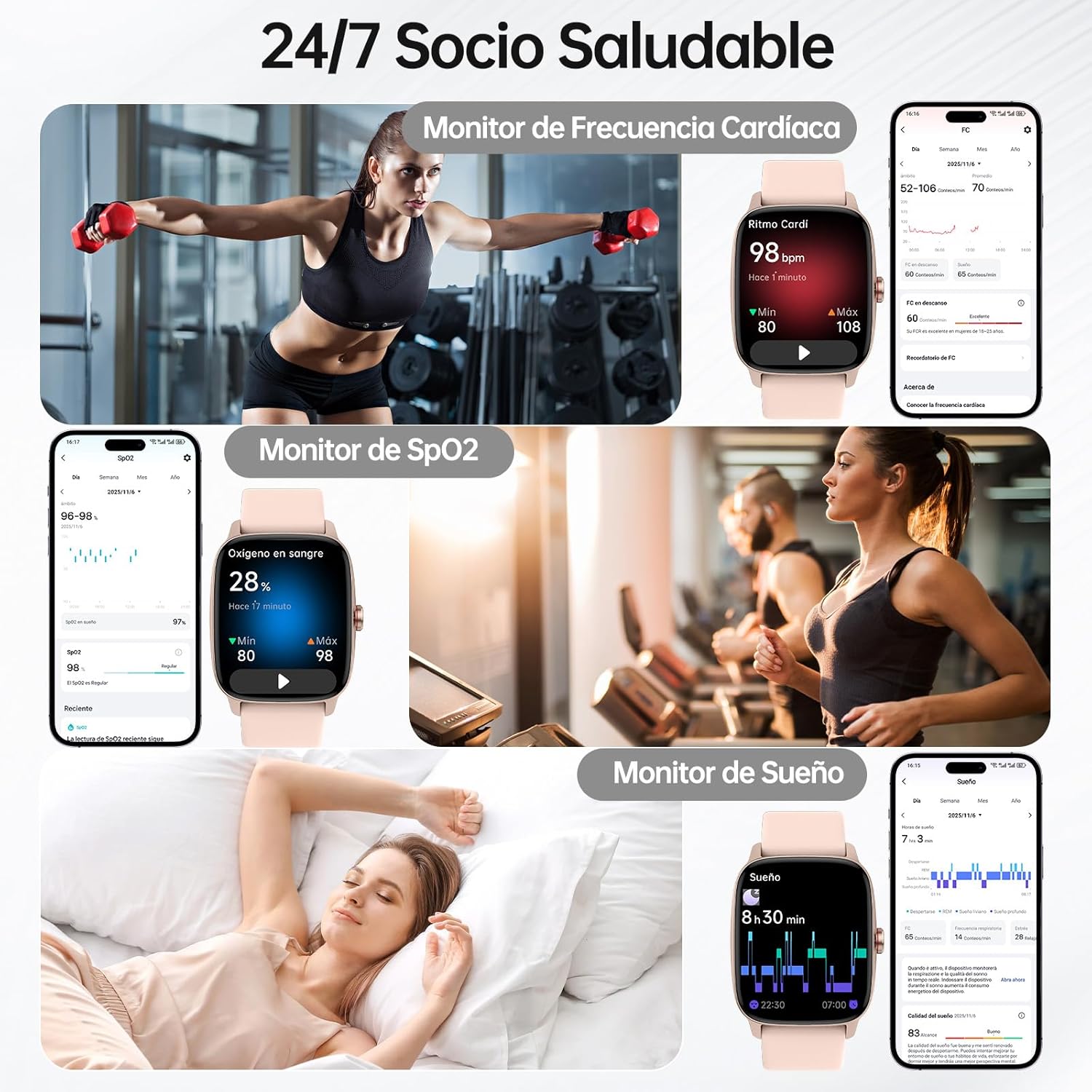 Reloj Inteligente Mujer Hombre con Llamadas Bluetooth y Voz AI, 1.85'' Smartwatch con Whatsapp Notificación, Pulsómetro/SpO2/Sueño/Podómetro, 110+ Modos Deportivos, Impermeable IP68 para iOS/Android - 3