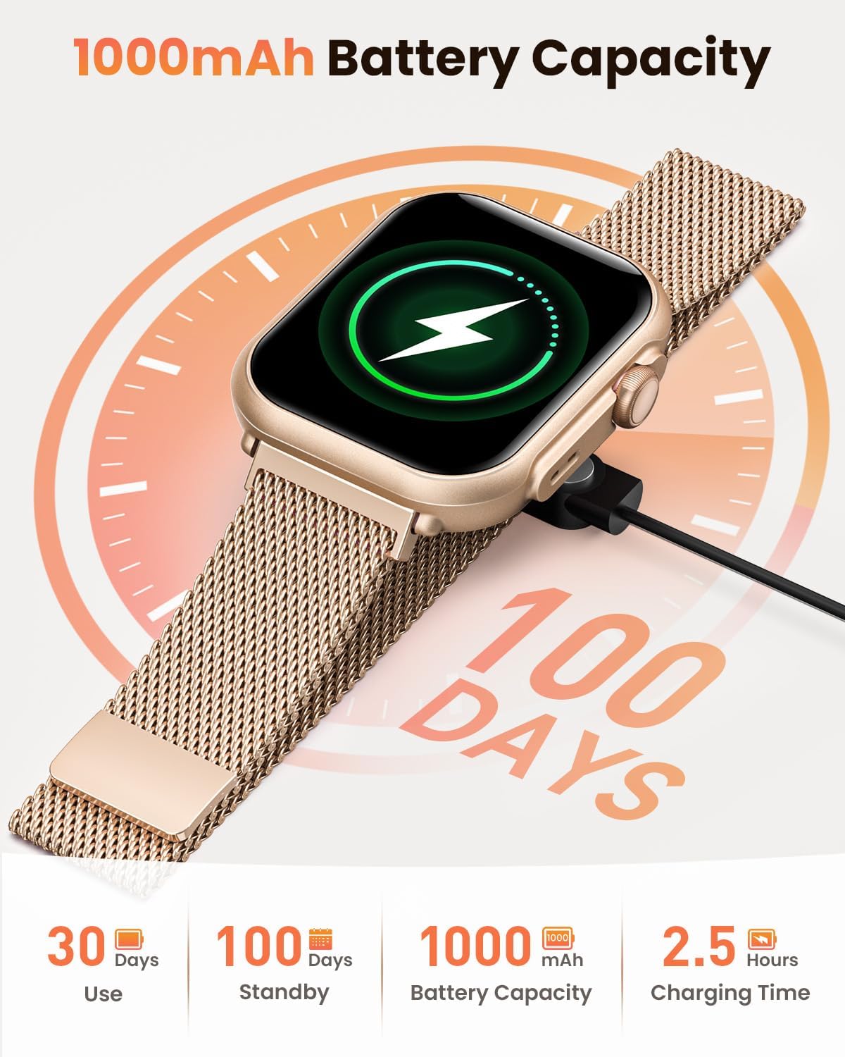 Reloj Inteligente Mujer con Autonomía 100 Días, 1000mAh Batería Grande, 1.83" Smartwatch Mujer con Llamadas, SpO2, Pulsómetro, Sueño, 120+ Modos Deportivos Calorías IP68 Podómetro Android iOS Rosa Oro - 2