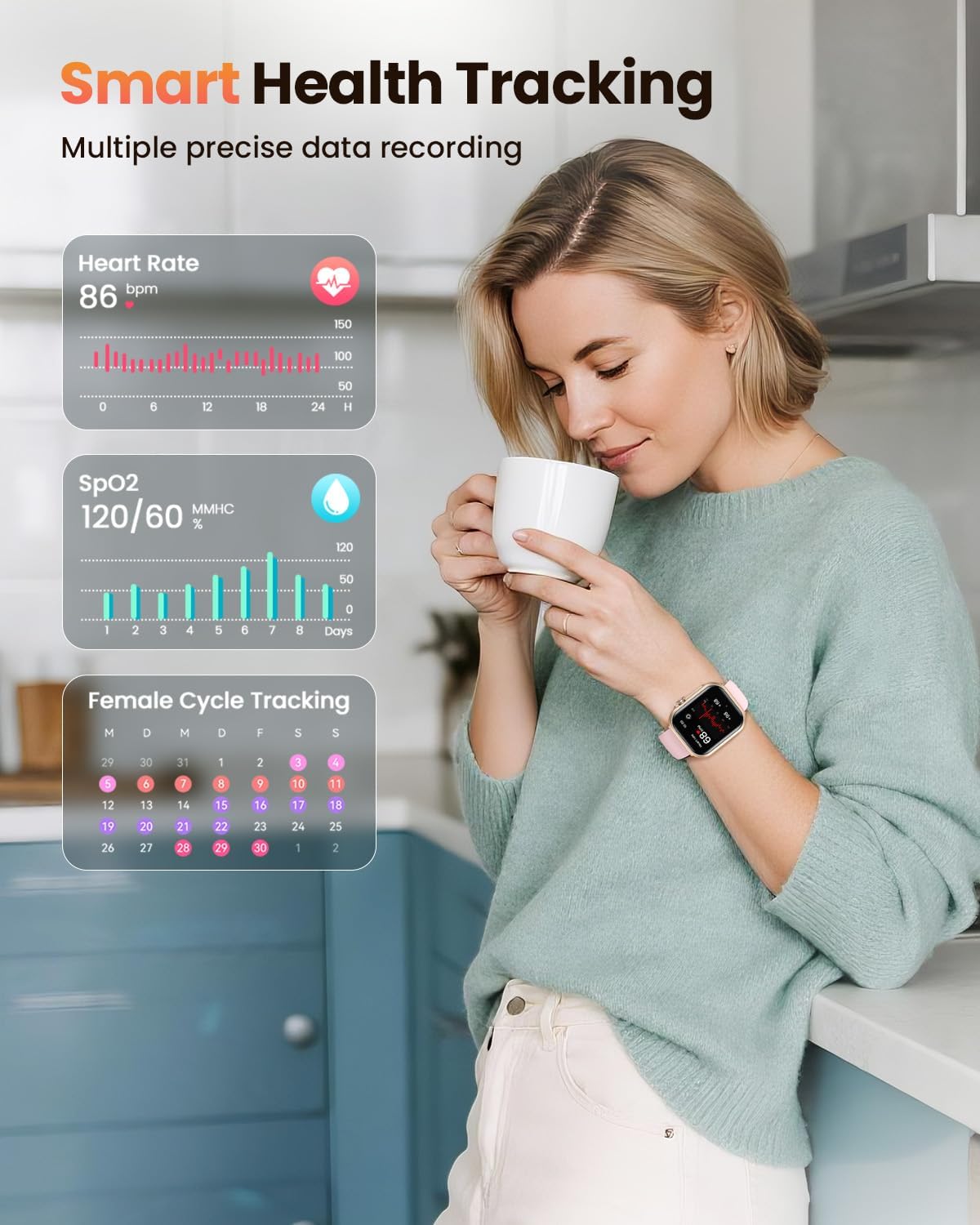 Reloj Inteligente Mujer con Autonomía 100 Días, 1000mAh Batería Grande, 1.83" Smartwatch Mujer con Llamadas, SpO2, Pulsómetro, Sueño, 120+ Modos Deportivos Calorías IP68 Podómetro Android iOS Rosa Oro - 3