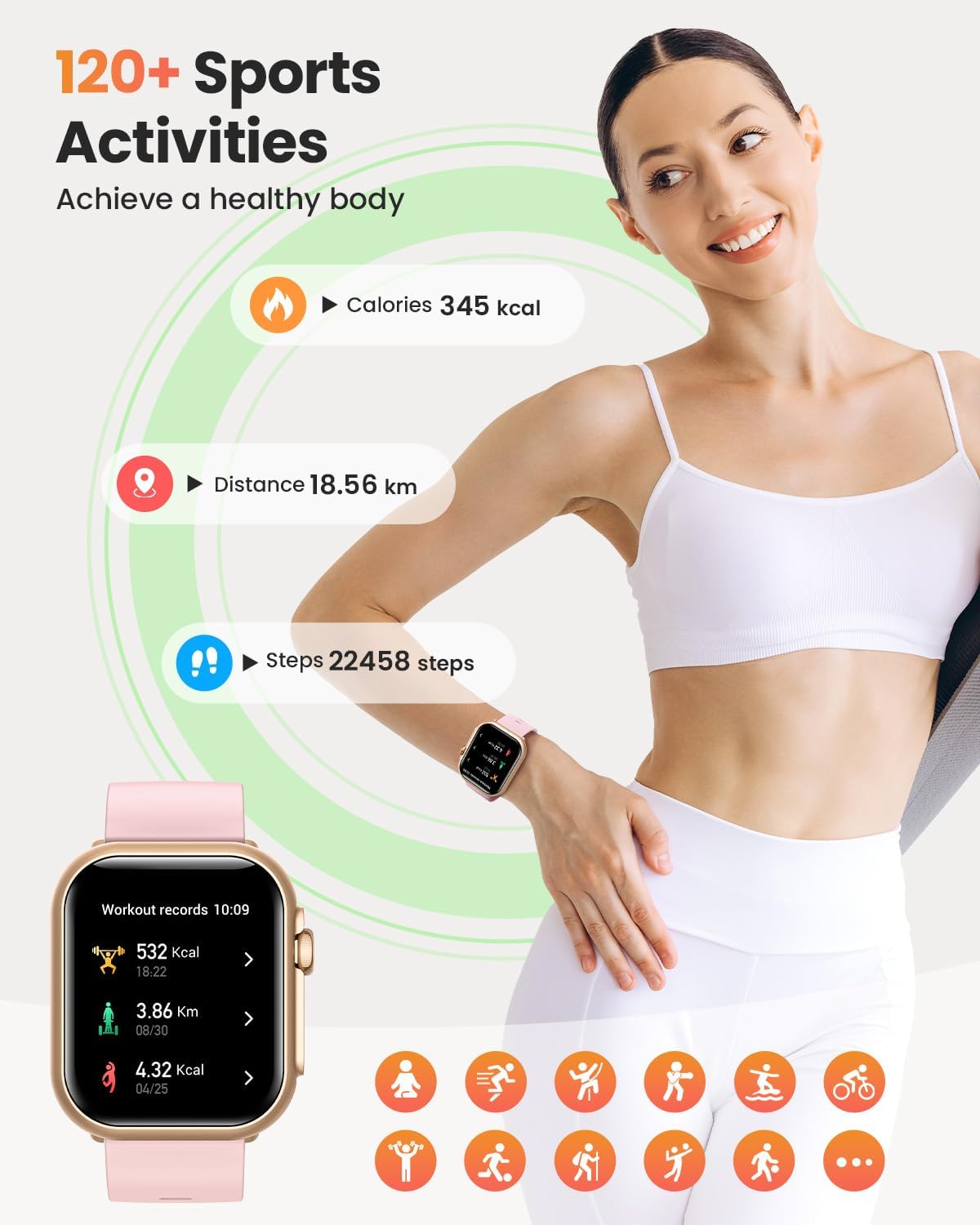 Reloj Inteligente Mujer con Autonomía 100 Días, 1000mAh Batería Grande, 1.83" Smartwatch Mujer con Llamadas, SpO2, Pulsómetro, Sueño, 120+ Modos Deportivos Calorías IP68 Podómetro Android iOS Rosa Oro - 5