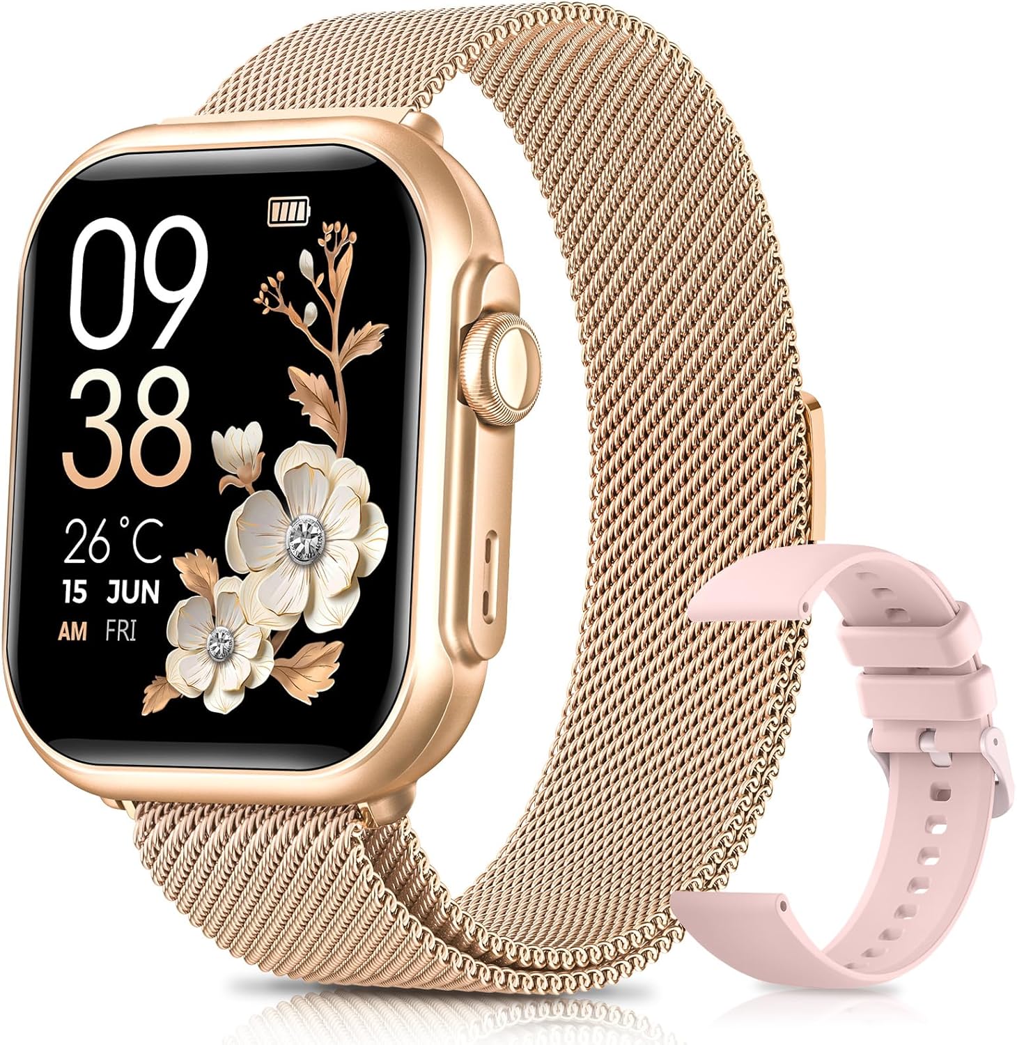 Reloj Inteligente Mujer con Autonomía 100 Días, 1000mAh Batería Grande, 1.83" Smartwatch Mujer con Llamadas, SpO2, Pulsómetro, Sueño, 120+ Modos Deportivos Calorías IP68 Podómetro Android iOS Rosa Oro - 1