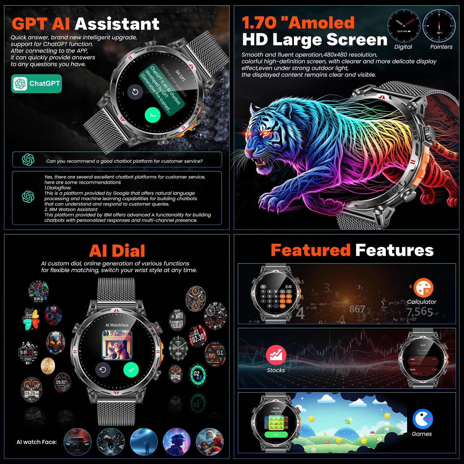 Reloj Inteligente Smartwatch Hombre con GPS: 1.7''AMOLED Pantalla Táctil Bluetooth SmartWatch con GPT Ai Esfera Brújula SpO2 Sueño Presión Arterial 100+Modo Deportivo 3ATM Impermeable Para Android iOS - 2