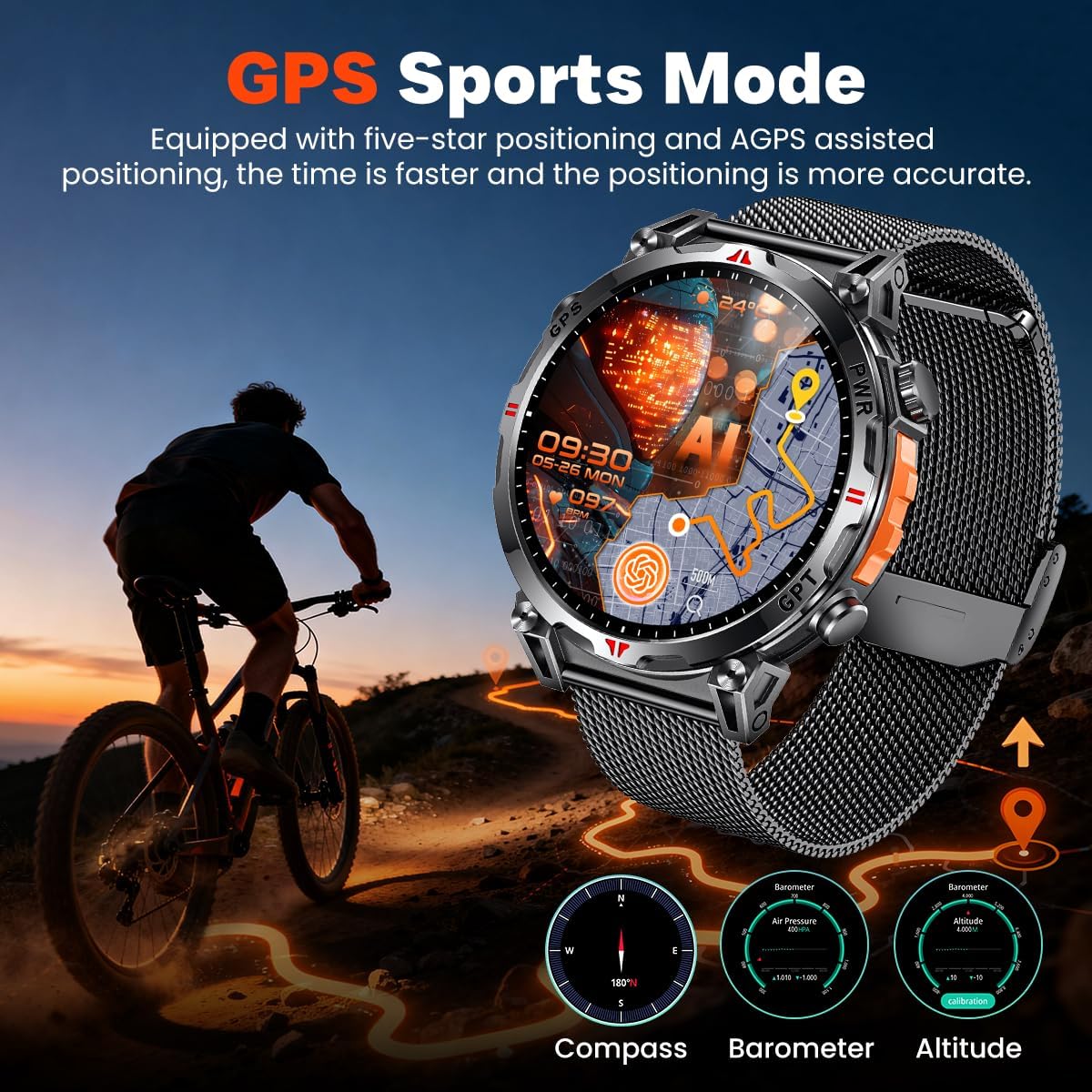 Reloj Inteligente Smartwatch Hombre con GPS: 1.7''AMOLED Pantalla Táctil Bluetooth SmartWatch con GPT Ai Esfera Brújula SpO2 Sueño Presión Arterial 100+Modo Deportivo 3ATM Impermeable Para Android iOS - 3