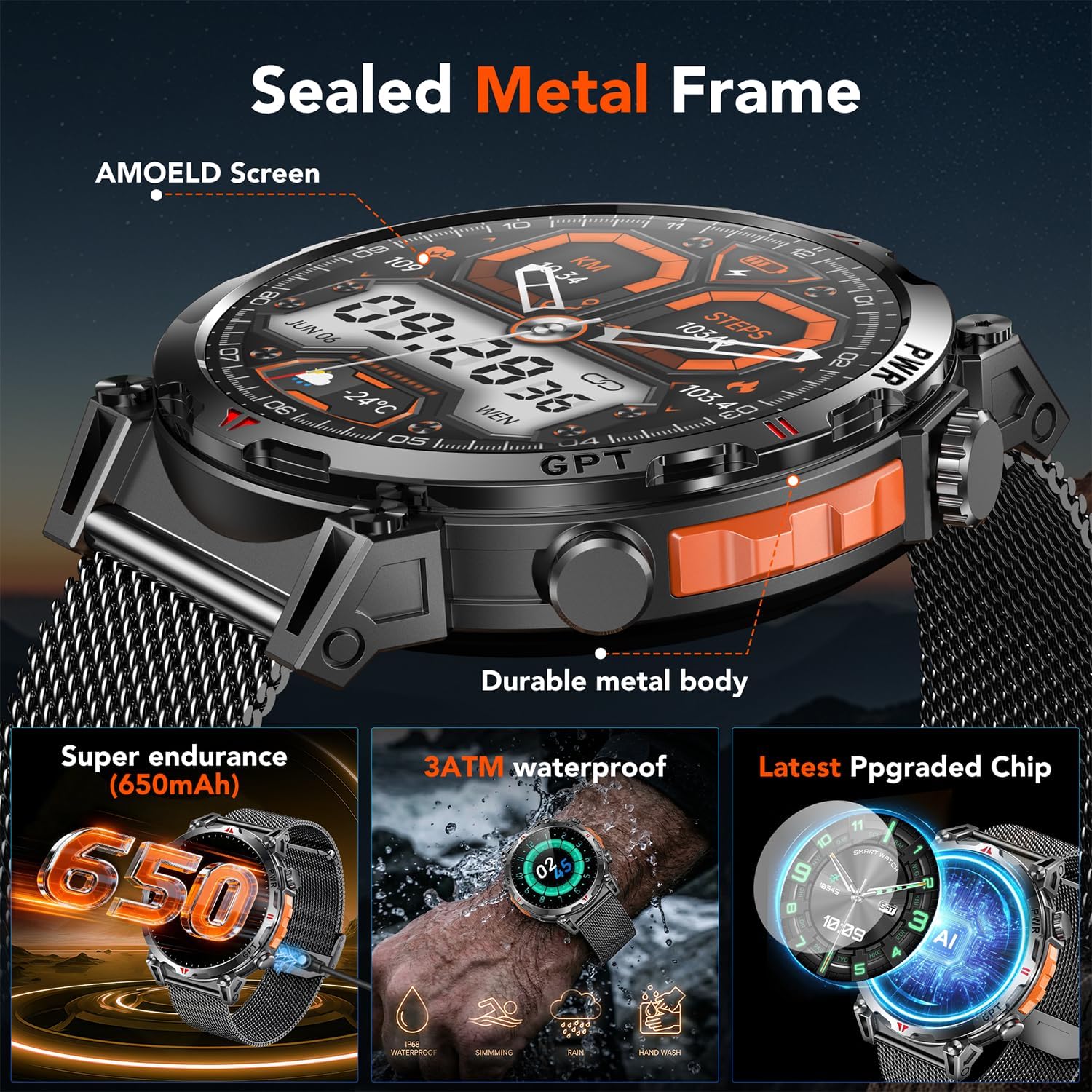 Reloj Inteligente Smartwatch Hombre con GPS: 1.7''AMOLED Pantalla Táctil Bluetooth SmartWatch con GPT Ai Esfera Brújula SpO2 Sueño Presión Arterial 100+Modo Deportivo 3ATM Impermeable Para Android iOS - 4