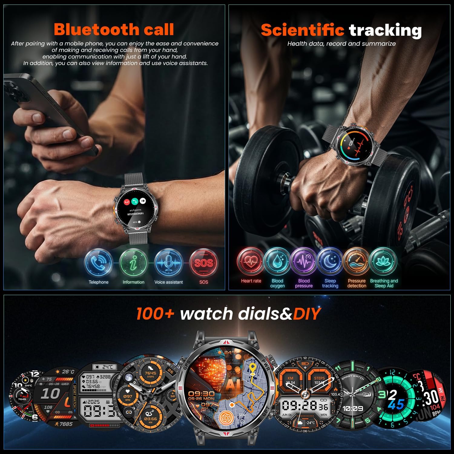 Reloj Inteligente Smartwatch Hombre con GPS: 1.7''AMOLED Pantalla Táctil Bluetooth SmartWatch con GPT Ai Esfera Brújula SpO2 Sueño Presión Arterial 100+Modo Deportivo 3ATM Impermeable Para Android iOS - 5