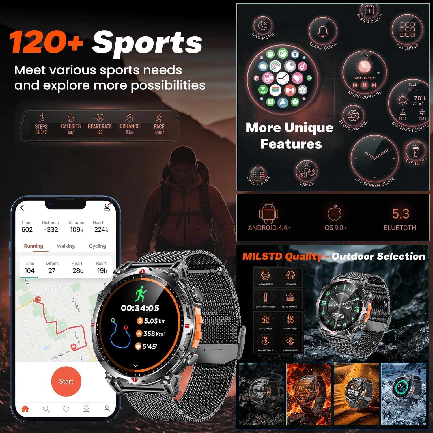 Reloj Inteligente Smartwatch Hombre con GPS: 1.7''AMOLED Pantalla Táctil Bluetooth SmartWatch con GPT Ai Esfera Brújula SpO2 Sueño Presión Arterial 100+Modo Deportivo 3ATM Impermeable Para Android iOS - 6
