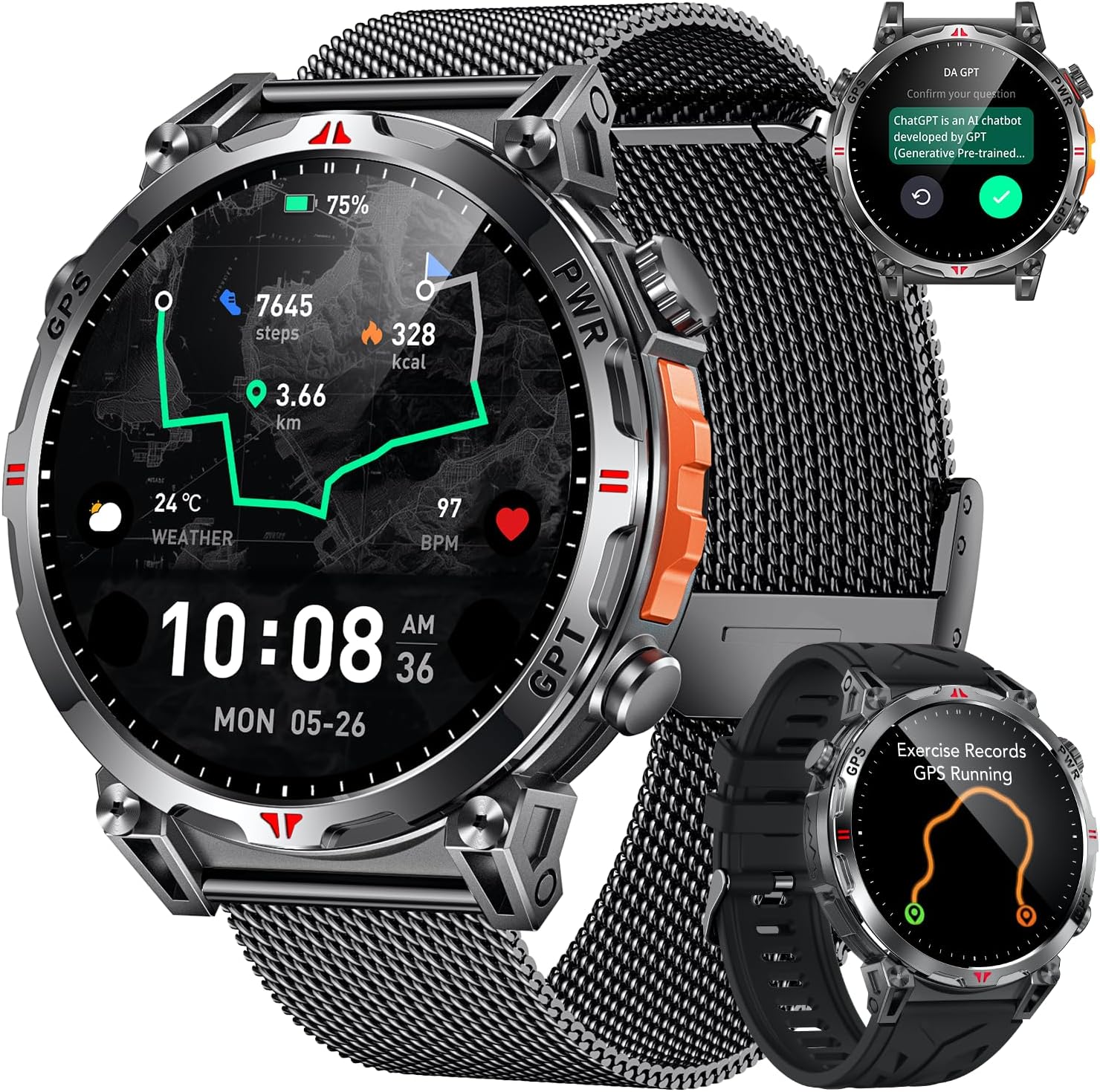 Reloj Inteligente Smartwatch Hombre con GPS: 1.7''AMOLED Pantalla Táctil Bluetooth SmartWatch con GPT Ai Esfera Brújula SpO2 Sueño Presión Arterial 100+Modo Deportivo 3ATM Impermeable Para Android iOS - 1