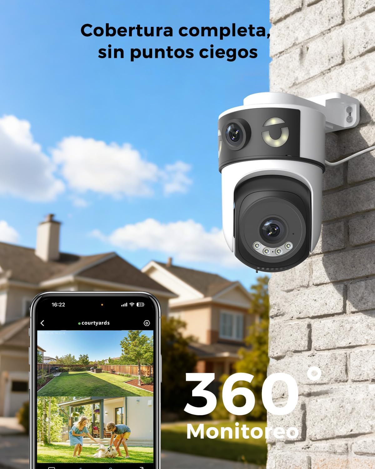 Reobiux 2K Camara Vigilancia WiFi Exterior con Doble Lente, Cámara IP Vigilancia Domicilio con Visión Nocturna Color, Seguimiento Automático, Audio Bidireccional, Grabación Continua 24/7, IP66 - 2