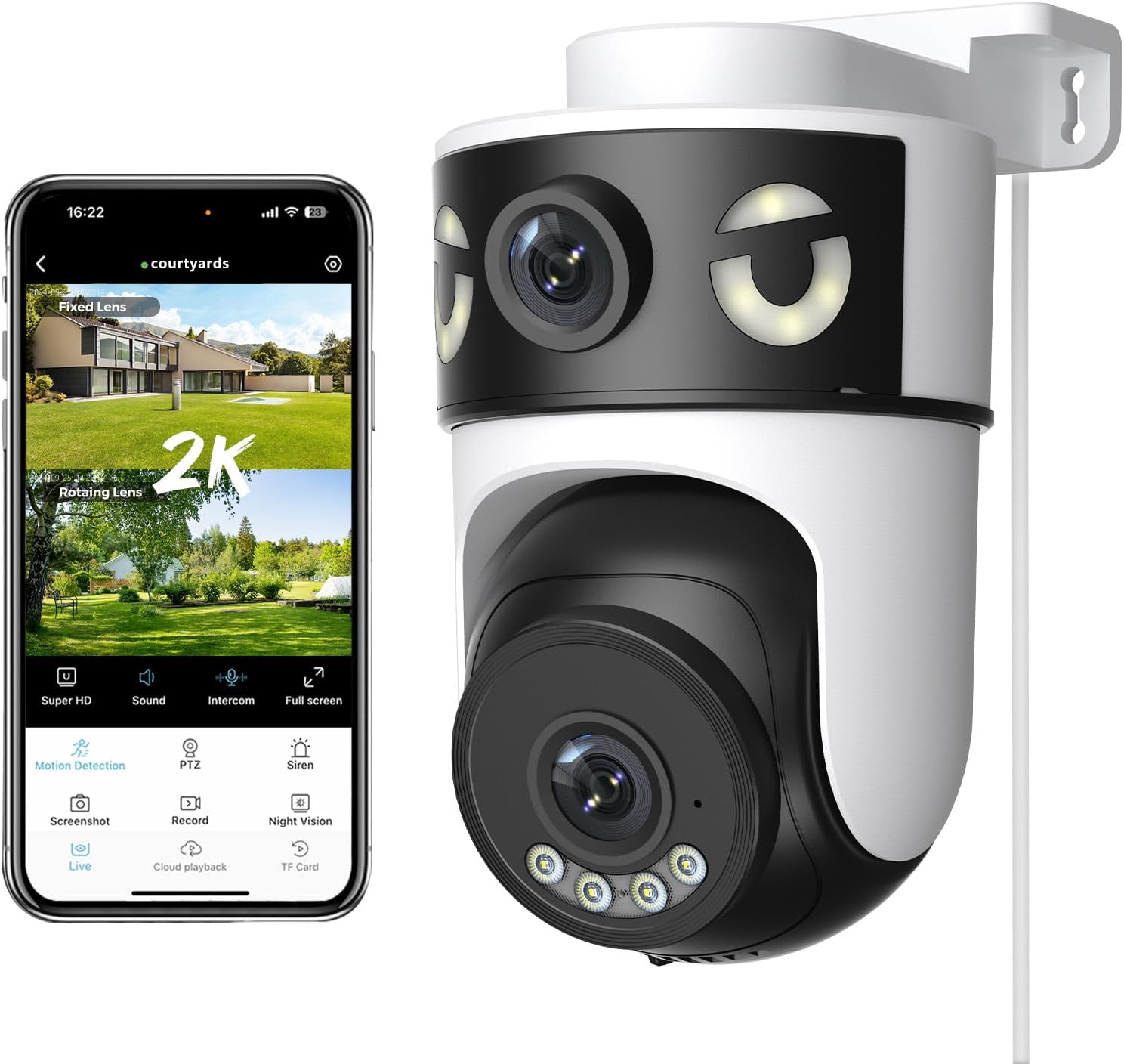 Reobiux 2K Camara Vigilancia WiFi Exterior con Doble Lente, Cámara IP Vigilancia Domicilio con Visión Nocturna Color, Seguimiento Automático, Audio Bidireccional, Grabación Continua 24/7, IP66 - 1