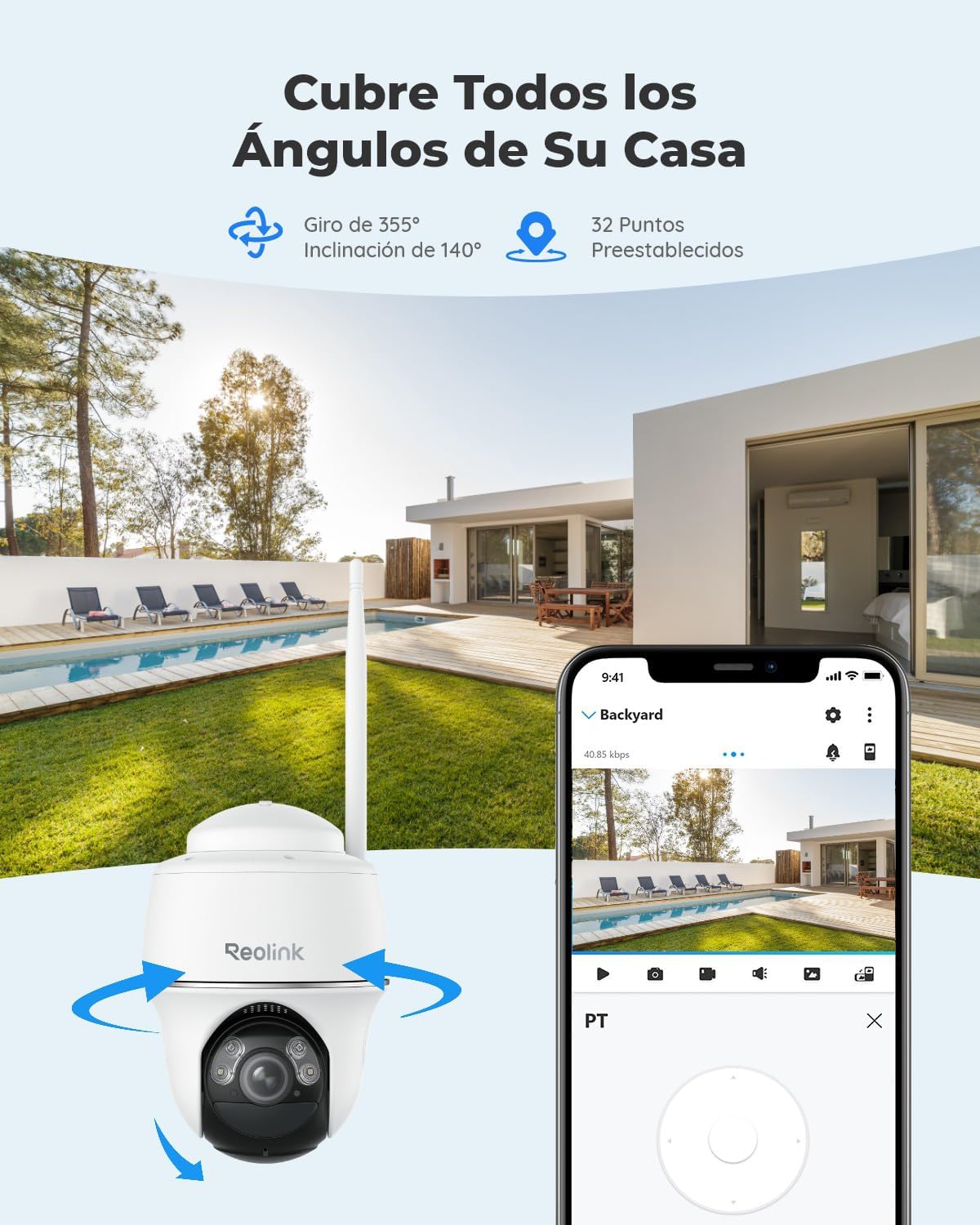 Reolink 5MP Camara Vigilancia WiFi Exterior Bateria Solar, Argus PT 5MP Cámara de Vigilancia 360° con Panel Solar, Cámara IP Sin Cable con Detección Smart, Cloud, Audio de 2 Via, Compatible con Alexa - 3