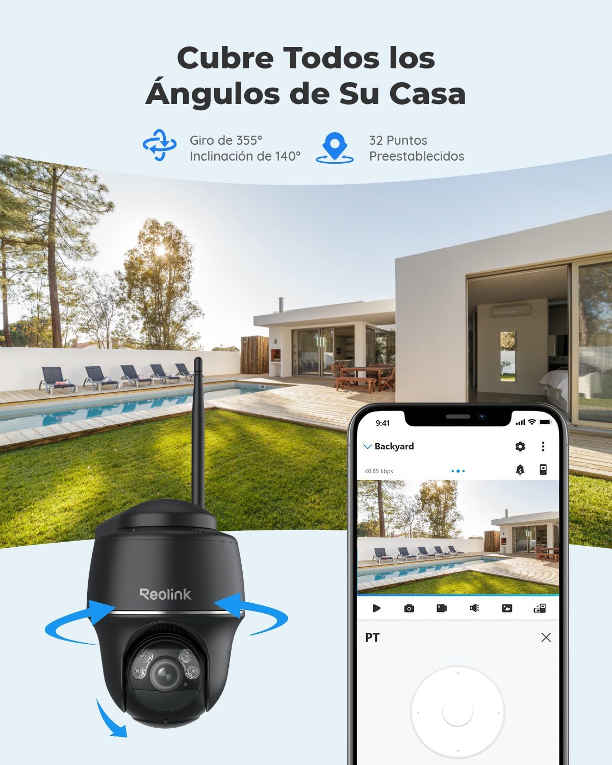 Reolink 5MP Camara Vigilancia WiFi Exterior Solar, Cámara Vigilancia Inalambrica 360° con Bateria, Camara WiFi 2,4/5 GHz, Detección Smart, Compatible con Alexa/Cloud, Argus PT(Negro) + Panel Solar - 2