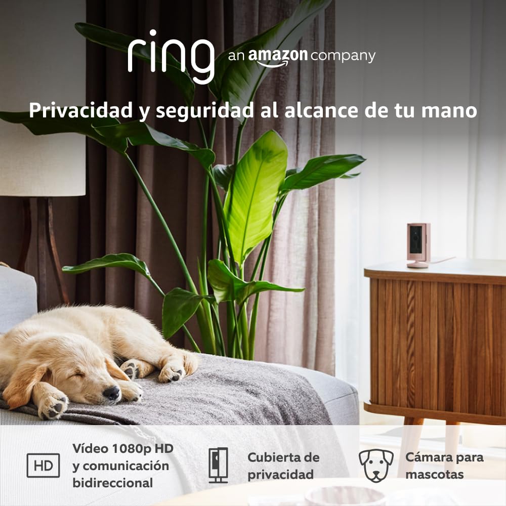 Ring Cámara interior (Indoor Camera 2.ª gen.) | Cámara de vigilancia wifi con enchufe para mascotas | Vídeo 1080p HD, comunicación bidireccional, cubierta de privacidad | 30 días gratis de Ring Home - 1