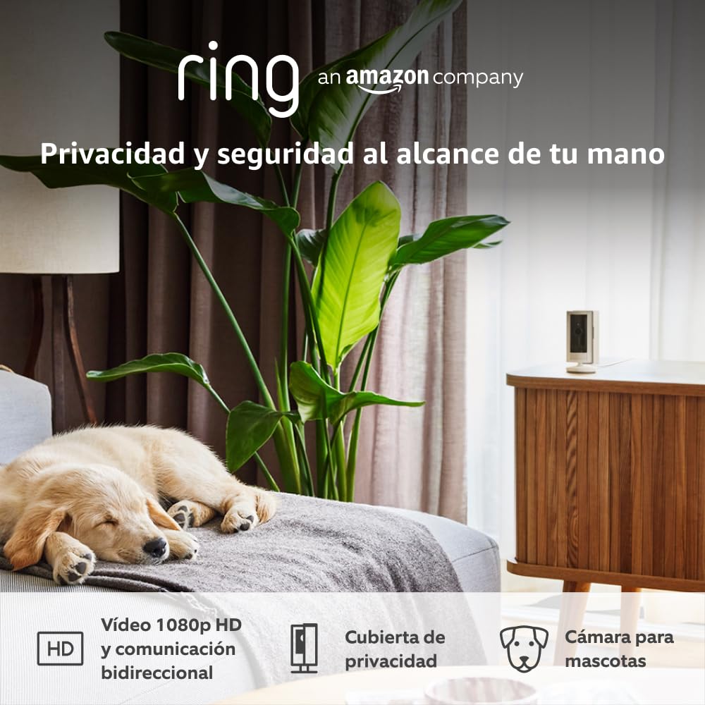 Ring Cámara interior (Indoor Camera 2.ª gen.) | Cámara de vigilancia wifi con enchufe para mascotas | Vídeo 1080p HD, comunicación bidireccional, cubierta de privacidad | 30 días gratis de Ring Home - 1