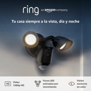 Ring cámara Plus con focos cableada (Floodlight Cam Wired Plus) | Cámara de vigilancia exterior wifi con vídeo HD, comunicación bidireccional, focos LED, sirena integrada | 30 días gratis de Ring Home