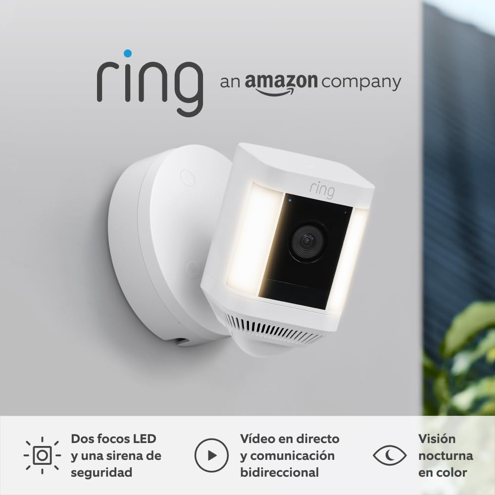 Ring cámara Plus con luces cableada (Spotlight Cam Plus) | Cámara de vigilancia exterior HD wifi con comunicación bidireccional, visión nocturna y focos LED | 30 días gratis de Ring Home | 2 Cámaras - 1