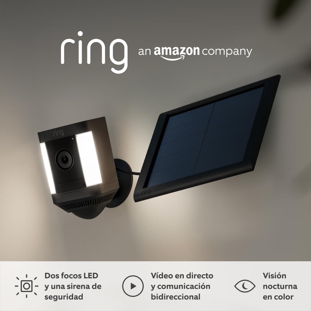 Ring cámara Plus con luces solar (Spotlight Cam Plus) | Cámara de vigilancia exterior wifi con vídeo HD 1080p, comunicación bidireccional, visión nocturna y focos LED | 30 días gratis de Ring Home - 1