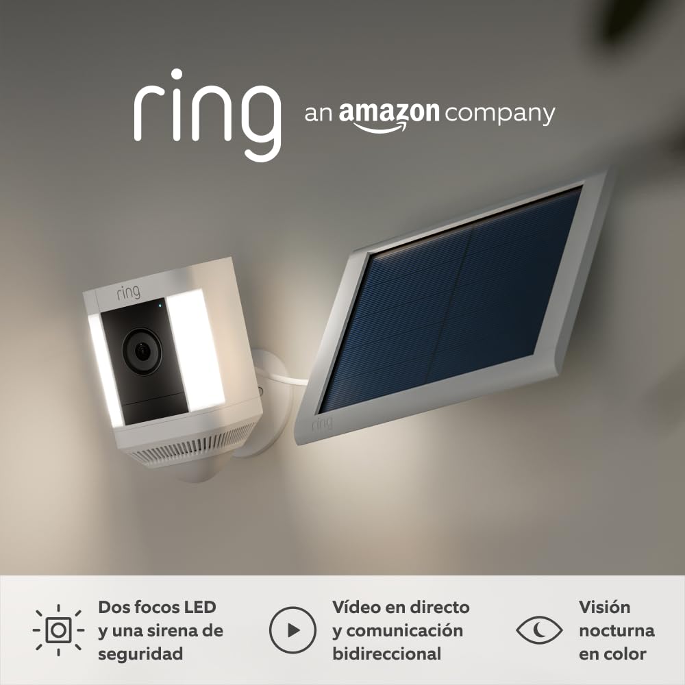Ring cámara Plus con luces solar (Spotlight Cam Plus) | Cámara de vigilancia exterior wifi con vídeo HD 1080p, comunicación bidireccional, visión nocturna y focos LED | 30 días gratis de Ring Home - 1