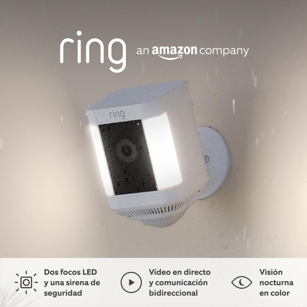 Ring cámara Plus con luces y batería (Spotlight Cam Plus) | Cámara de vigilancia exterior HD wifi con comunicación bidireccional, visión nocturna y focos LED | 30 días gratis de Ring Home | 2 Cámaras - 1
