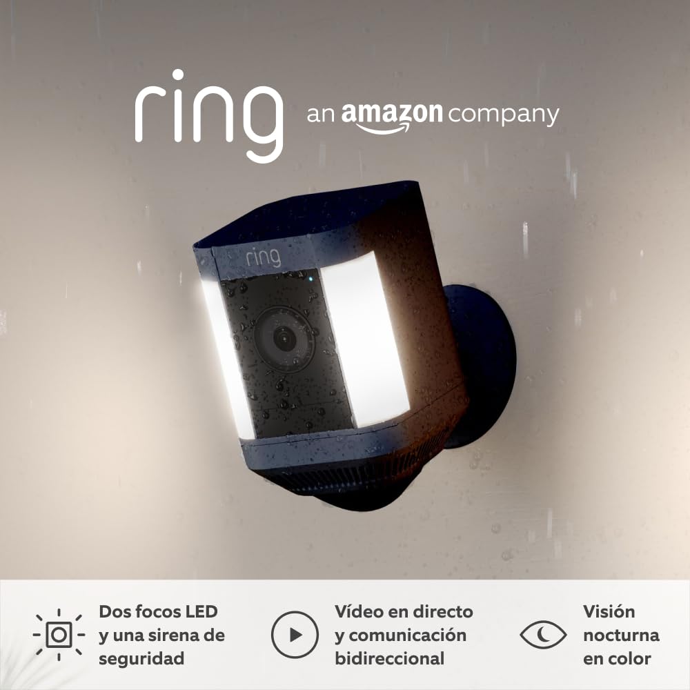 Ring cámara Plus con luces y batería (Spotlight Cam Plus) | Cámara de vigilancia exterior HD wifi con comunicación bidireccional, visión nocturna y focos LED | 30 días gratis de Ring Home | 2 Cámaras - 1