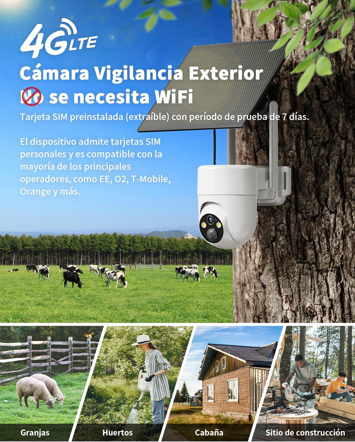 SEHMUA 4G LTE Camara Vigilancia Exterior con Panel Solar, 2K PTZ Cámara Vigilancia con Tarjeta Sim, Detección Humana PIR, Visión Nocturna, IP66 Impermeable, PTZ 355°/90°, Audio de Dos Vías - 2