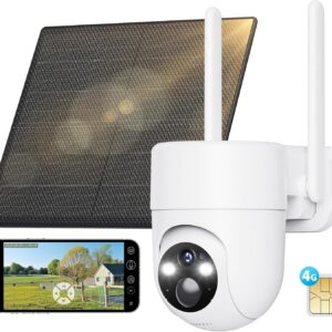 SEHMUA 4G LTE Camara Vigilancia Exterior con Panel Solar, 2K PTZ Cámara Vigilancia con Tarjeta Sim, Detección Humana PIR, Visión Nocturna, IP66 Impermeable, PTZ 355°/90°, Audio de Dos Vías