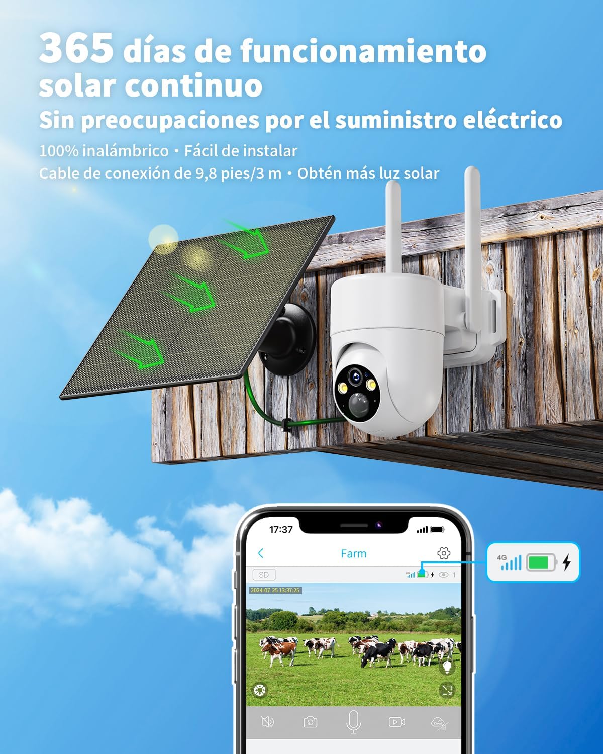 SEHMUA 4G LTE Camara Vigilancia Exterior con Panel Solar, 2K PTZ Cámara Vigilancia con Tarjeta Sim, Detección Humana PIR, Visión Nocturna, IP66 Impermeable, PTZ 355°/90°, Audio de Dos Vías - 5