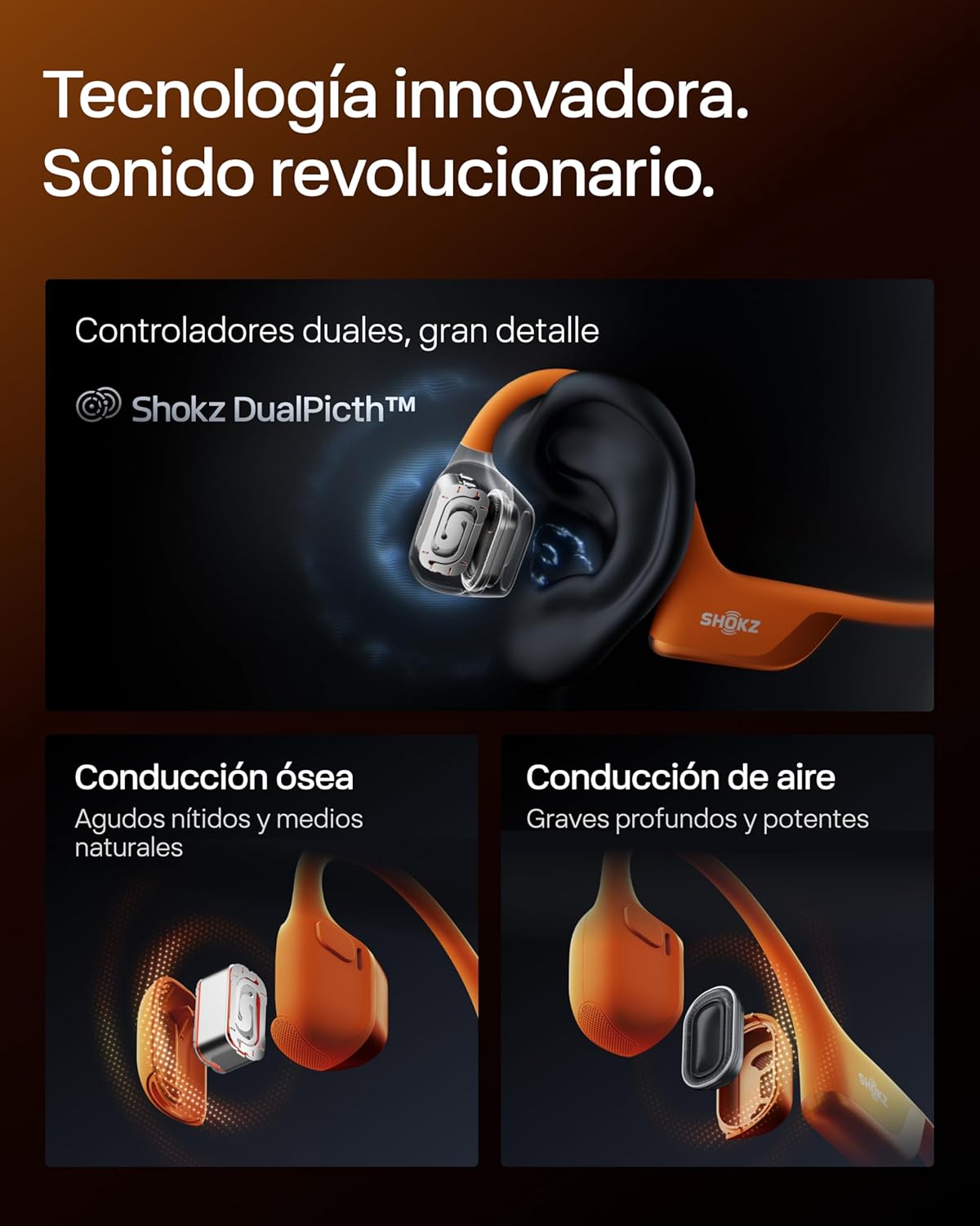 SHOKZ OpenRun Pro 2 Auriculares Deportivos de Conducción Ósea, Inalámbricos Bluetooth 5.3, Micrófonos con Cancelación de Ruido, Resistente al Agua IP55, 12h Reproducción, Carga Rápida USB-C, Naranja - 4