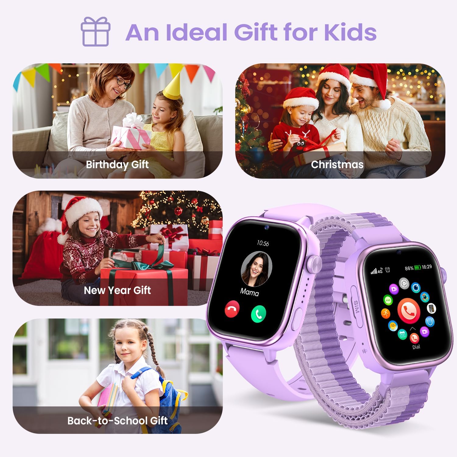 SWGOTA 4G Reloj Inteligente Niña, Smartwatch Niños con GPS y Teléfono/Videollamadas/Chat de Voz/Función SOS/Modo Escuela/IP68 Cámara Despertador Podómetro Monitor de Sueño, Regalo Niñas/Niños, Púrpura - 2