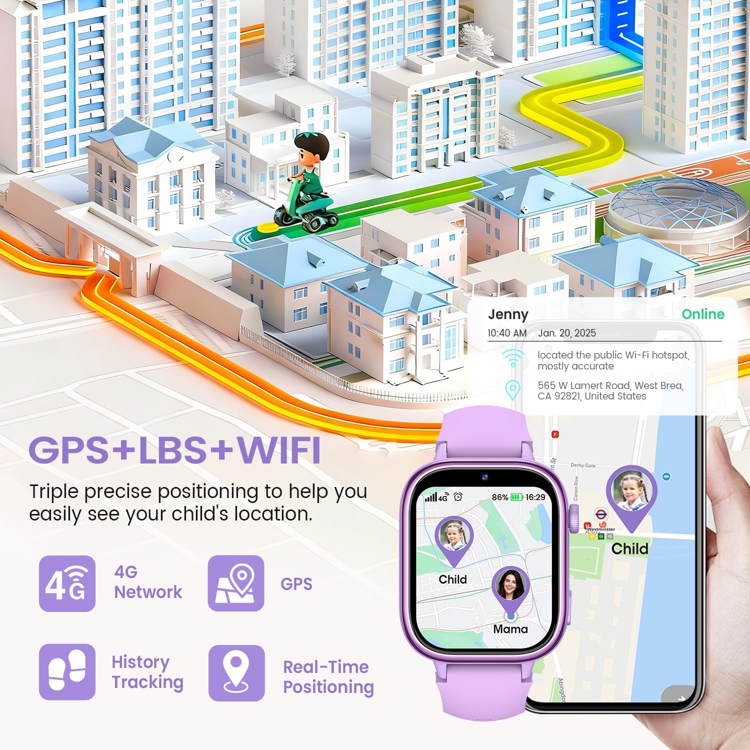SWGOTA 4G Reloj Inteligente Niña, Smartwatch Niños con GPS y Teléfono/Videollamadas/Chat de Voz/Función SOS/Modo Escuela/IP68 Cámara Despertador Podómetro Monitor de Sueño, Regalo Niñas/Niños, Púrpura - 4