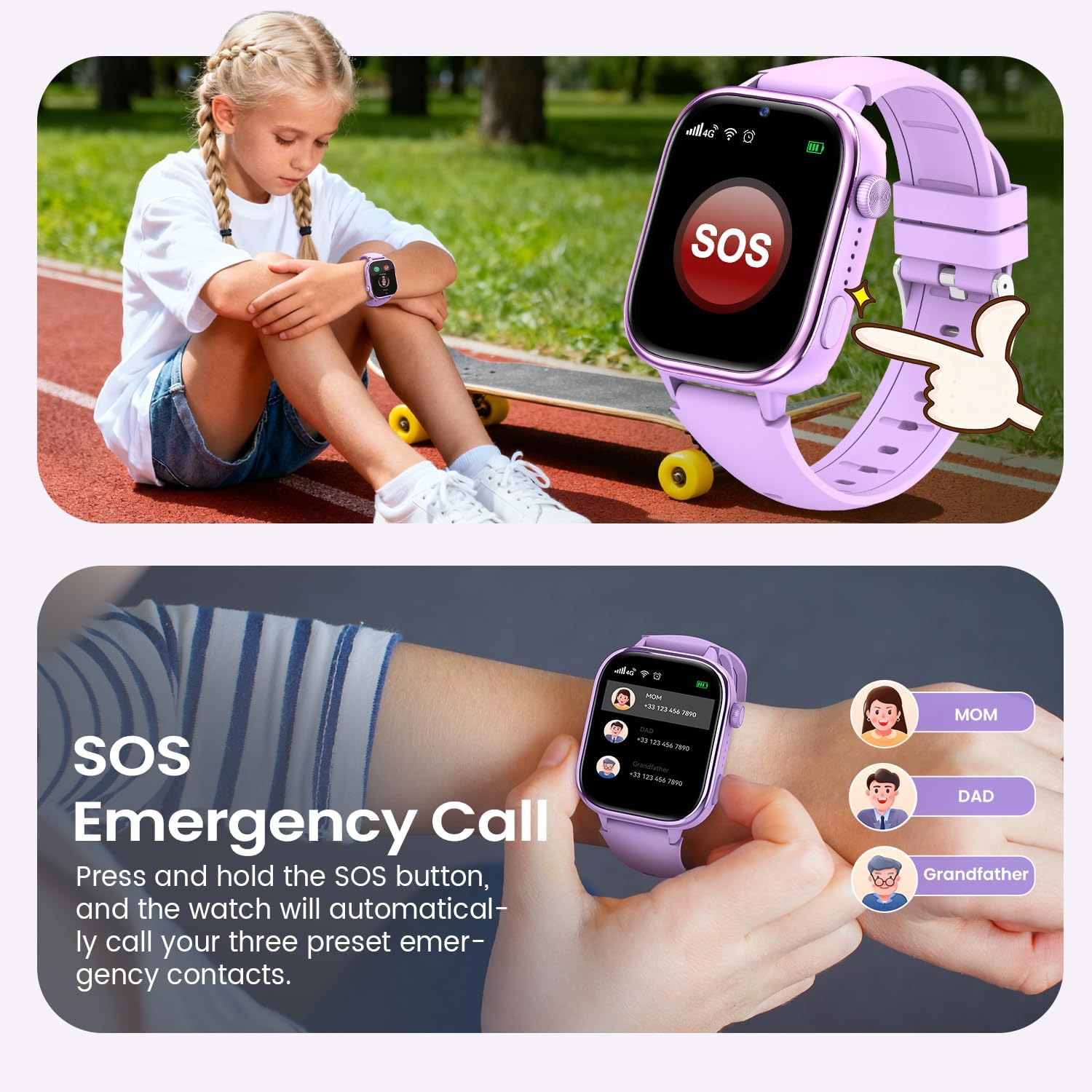 SWGOTA 4G Reloj Inteligente Niña, Smartwatch Niños con GPS y Teléfono/Videollamadas/Chat de Voz/Función SOS/Modo Escuela/IP68 Cámara Despertador Podómetro Monitor de Sueño, Regalo Niñas/Niños, Púrpura - 5