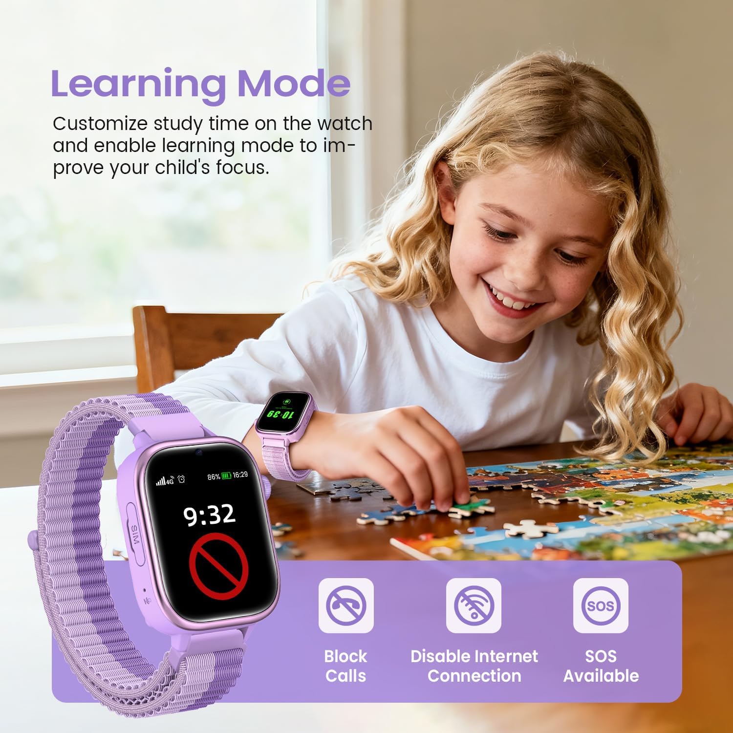 SWGOTA 4G Reloj Inteligente Niña, Smartwatch Niños con GPS y Teléfono/Videollamadas/Chat de Voz/Función SOS/Modo Escuela/IP68 Cámara Despertador Podómetro Monitor de Sueño, Regalo Niñas/Niños, Púrpura - 6