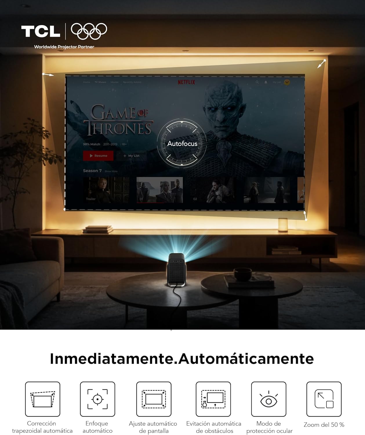 TCL C1 Proyector Portatil 4K Compatible, [GoogleTV/Netflix/Disney Intégrées] Mini Proyector Full HD, Auto Focus y 6D Keystone, Dolby 8W, WiFi, Bluetooth, Ajustable a 285° para Cine en Casa, Habitacion - 4