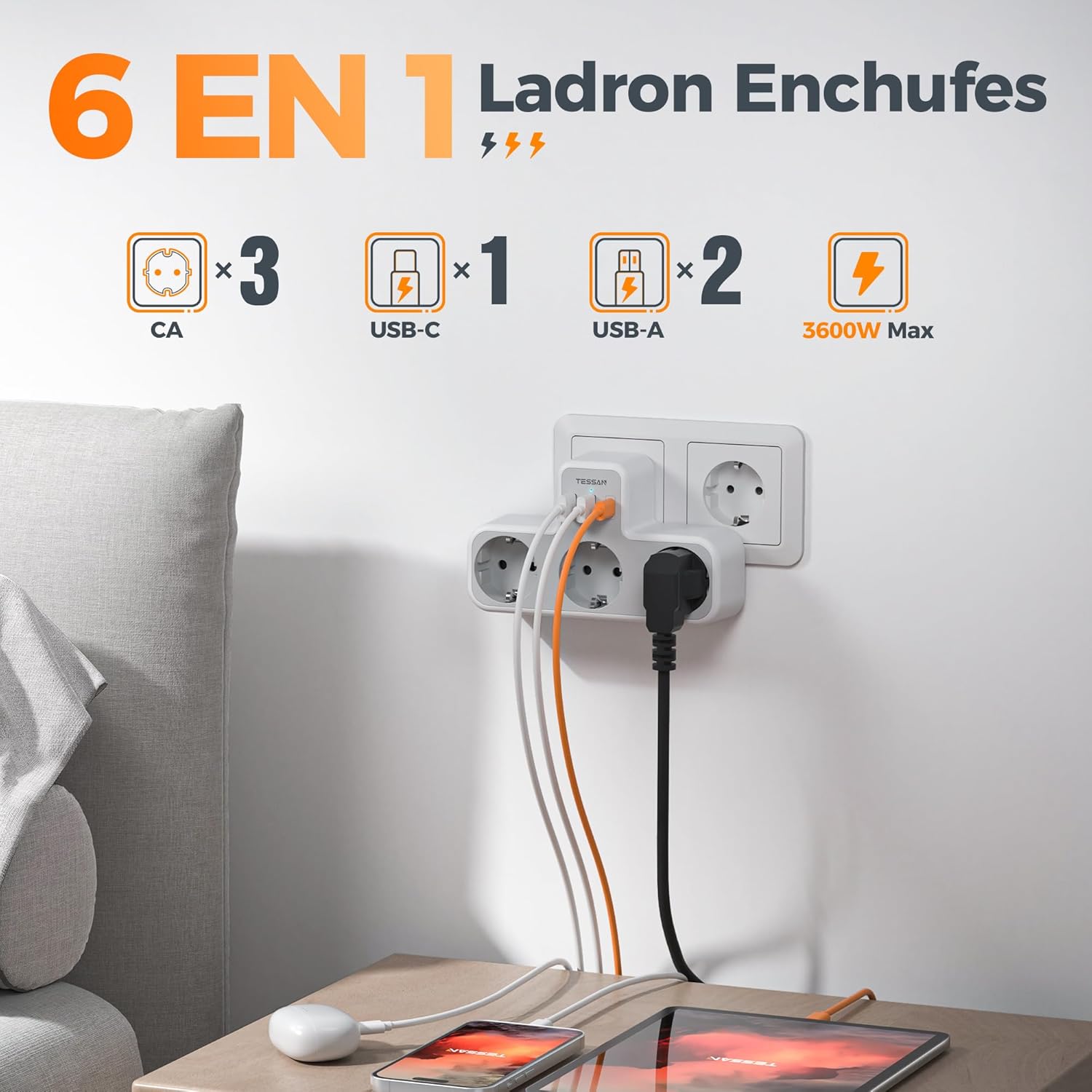 TESSAN Ladron Enchufes Plano con USB C, 6 en 1 Ladrón Enchufes Multiples USB, Triple Cargador Multiple 3600W, Regleta Pared para Oficina, Cocina, Compatible con Móviles, Blanco y Gris - 2