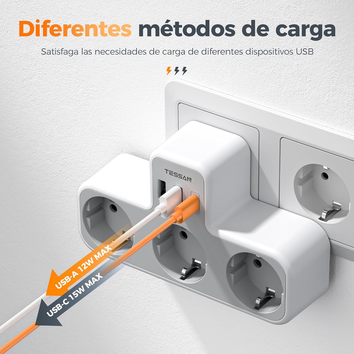 TESSAN Ladron Enchufes Plano con USB C, 6 en 1 Ladrón Enchufes Multiples USB, Triple Cargador Multiple 3600W, Regleta Pared para Oficina, Cocina, Compatible con Móviles, Blanco y Gris - 3