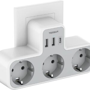 TESSAN Ladron Enchufes Plano con USB C, 6 en 1 Ladrón Enchufes Multiples USB, Triple Cargador Multiple 3600W, Regleta Pared para Oficina, Cocina, Compatible con Móviles, Blanco y Gris