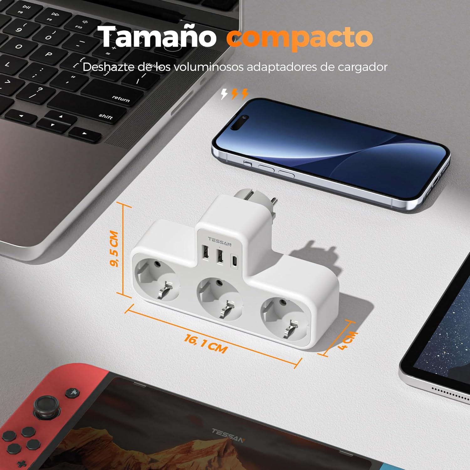 TESSAN Ladron Enchufes Plano con USB C, 6 en 1 Ladrón Enchufes Multiples USB, Triple Cargador Multiple 3600W, Regleta Pared para Oficina, Cocina, Compatible con Móviles, Blanco y Gris - 5