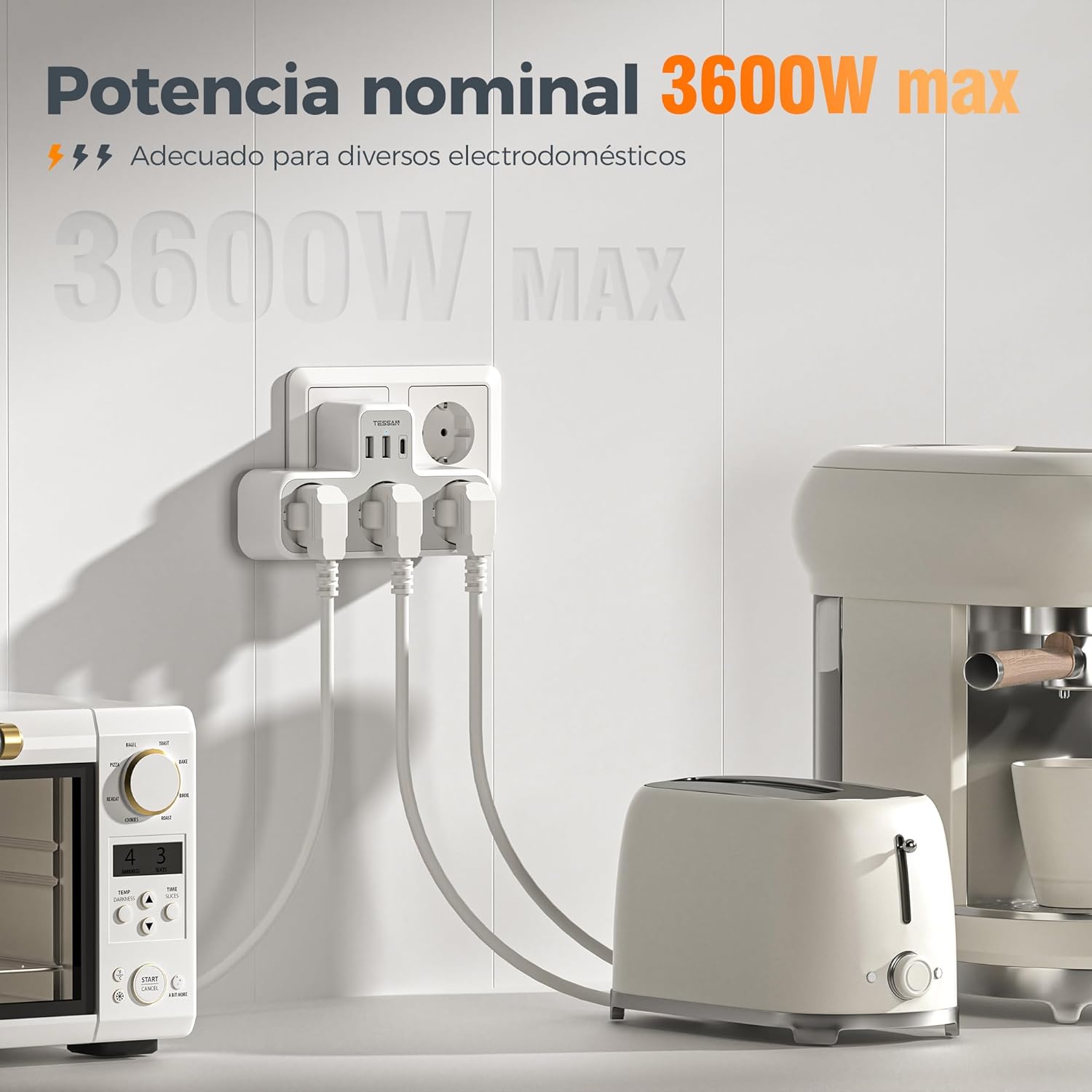 TESSAN Ladron Enchufes Plano con USB C, 6 en 1 Ladrón Enchufes Multiples USB, Triple Cargador Multiple 3600W, Regleta Pared para Oficina, Cocina, Compatible con Móviles, Blanco y Gris - 6