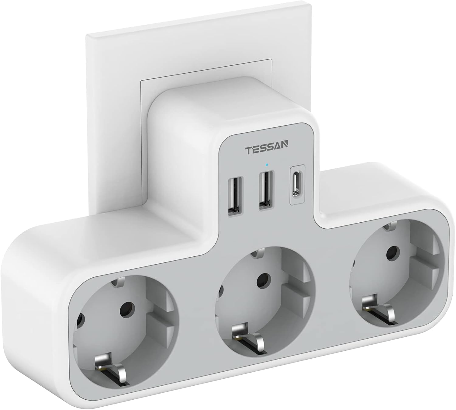 TESSAN Ladron Enchufes Plano con USB C, 6 en 1 Ladrón Enchufes Multiples USB, Triple Cargador Multiple 3600W, Regleta Pared para Oficina, Cocina, Compatible con Móviles, Blanco y Gris - 1