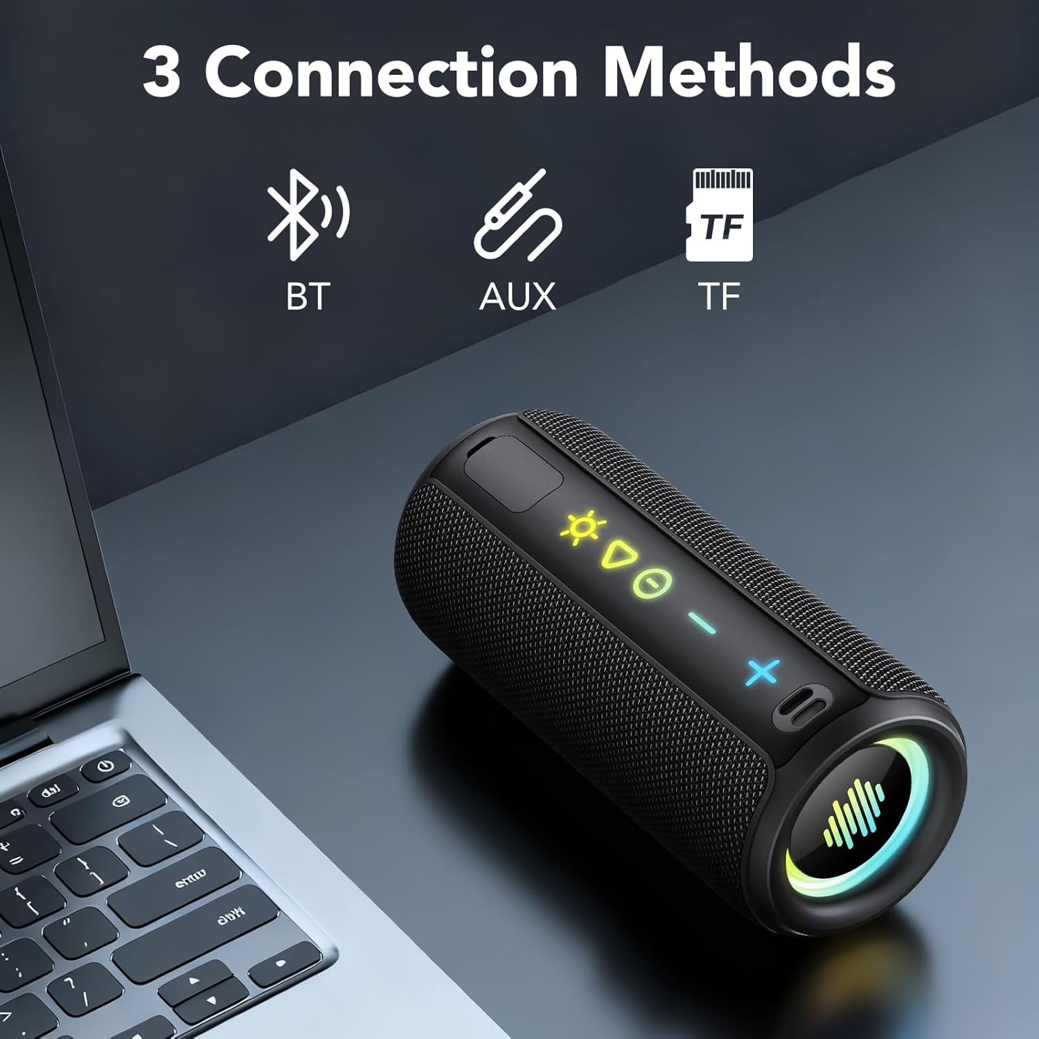 TIMU Altavoz Bluetooth 5.4 Potente, 25W Altavoces Bluetooth con 2 Modos EQ, Correa de Transporte, Compatible con PC, 8 Modos RGB, 24H de Reproducción, Emparejamiento TWS, IPX7, Micro SD y AUX - 4