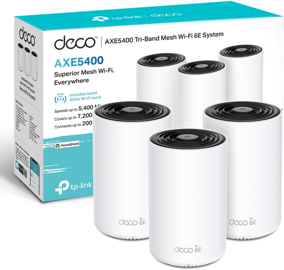 TP-Link Deco XE75 Mesh WLAN Set (Pack de 3), Enrutador y Repetidor Tribanda Wi-Fi 6E AXE5400, 3 Puertos Gigabit para Cada Unidad, para Casas de 4 a 7 Dormitorios, Protección Juvenil Integral, WPA3 - 1